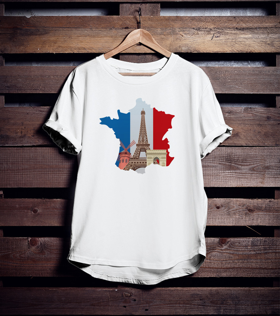 France Map With Eiffel Tower And Moulin Rouge On Tricolor Flag T-Shirt