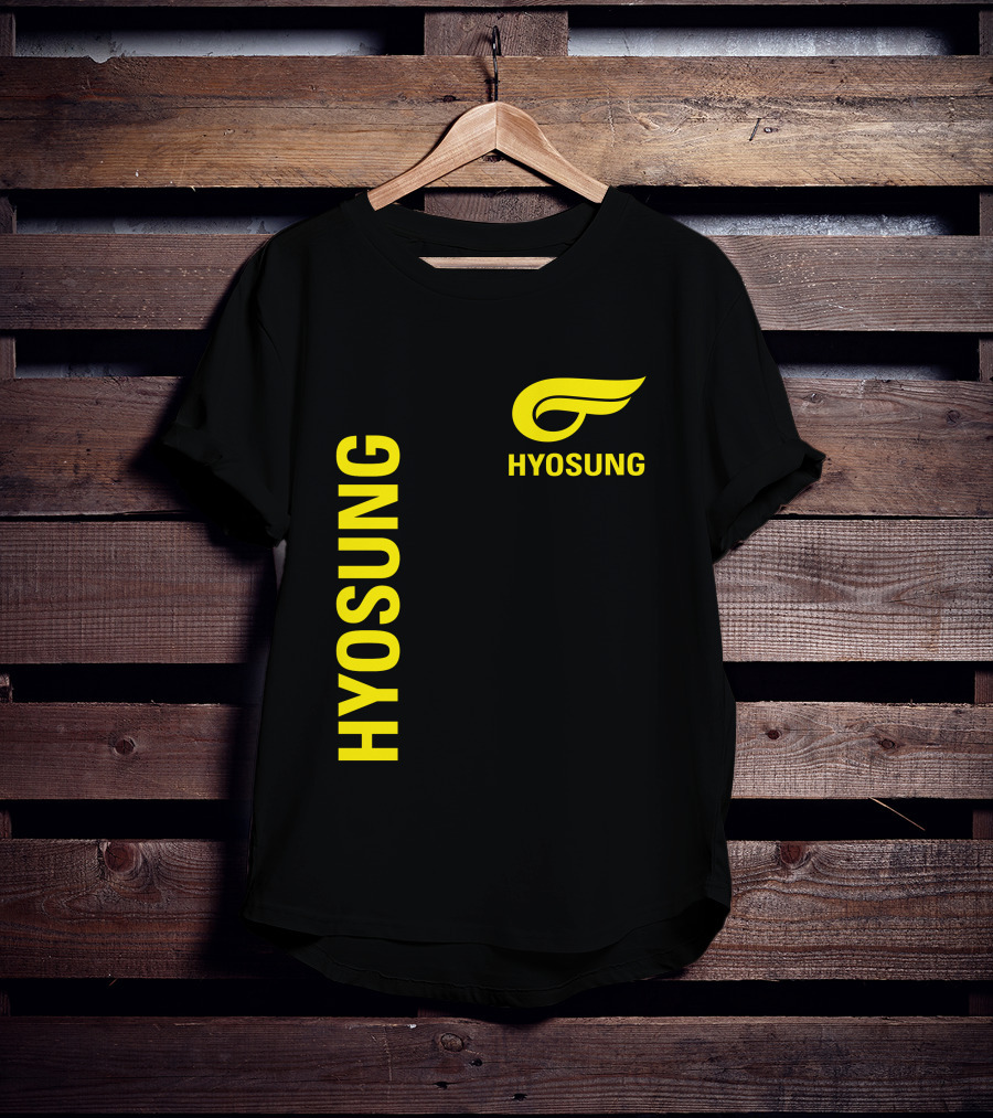 HYOSUNG Logo Stylized Yellow Text Brand T-Shirt