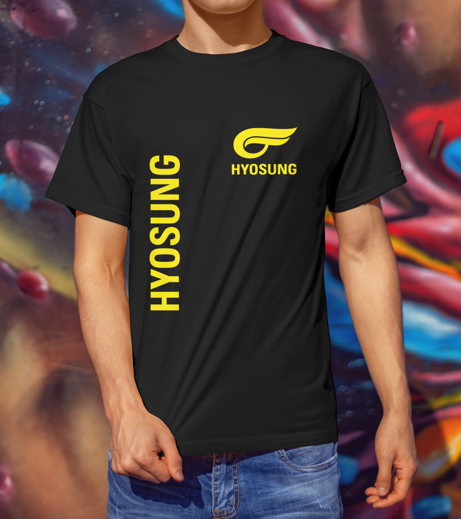 HYOSUNG Logo Stylized Yellow Text Brand T-Shirt