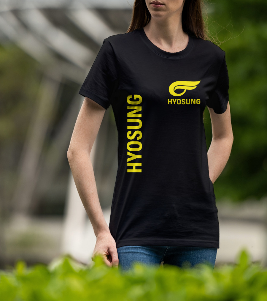HYOSUNG Logo Stylized Yellow Text Brand T-Shirt