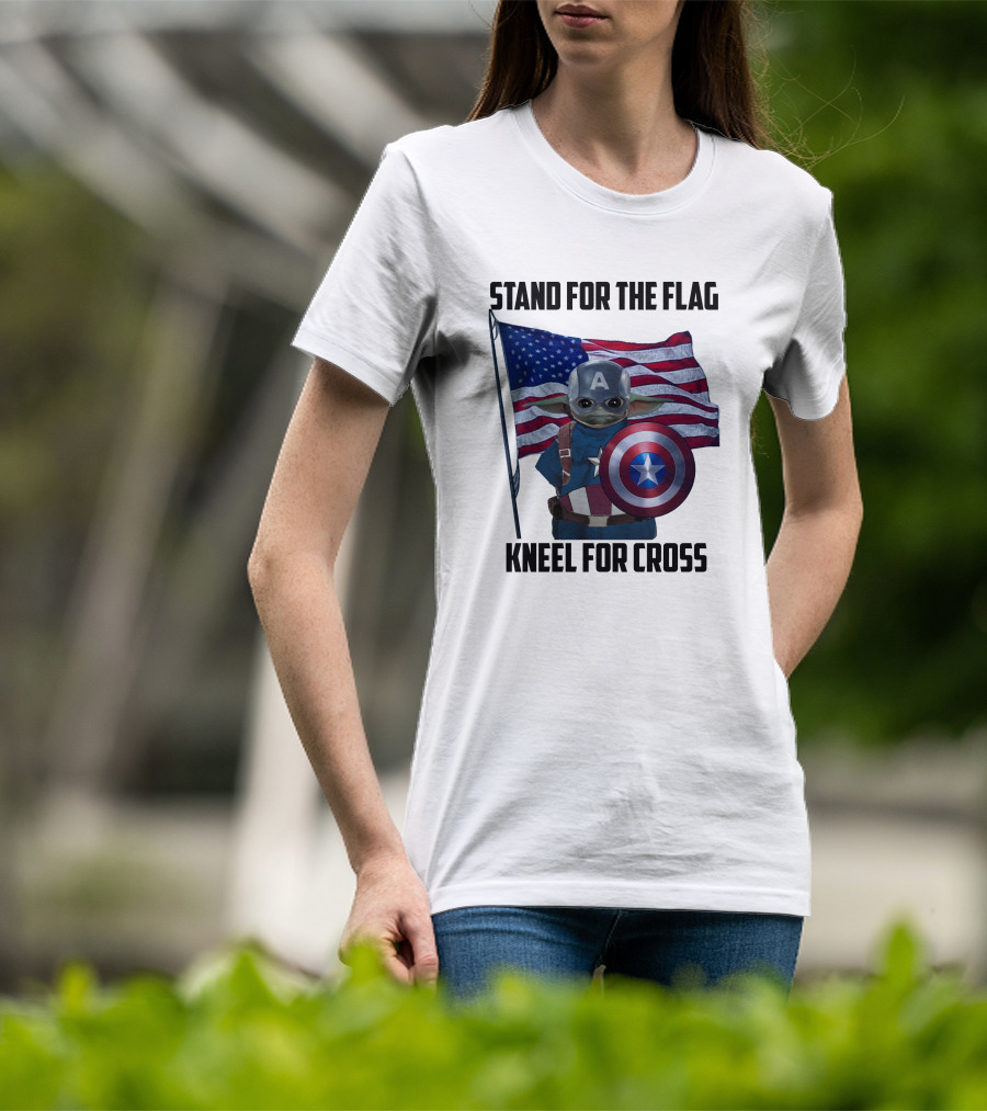 Stand For The Flag Kneel For Cross Grogu Captain America Shield American Flag T-Shirt