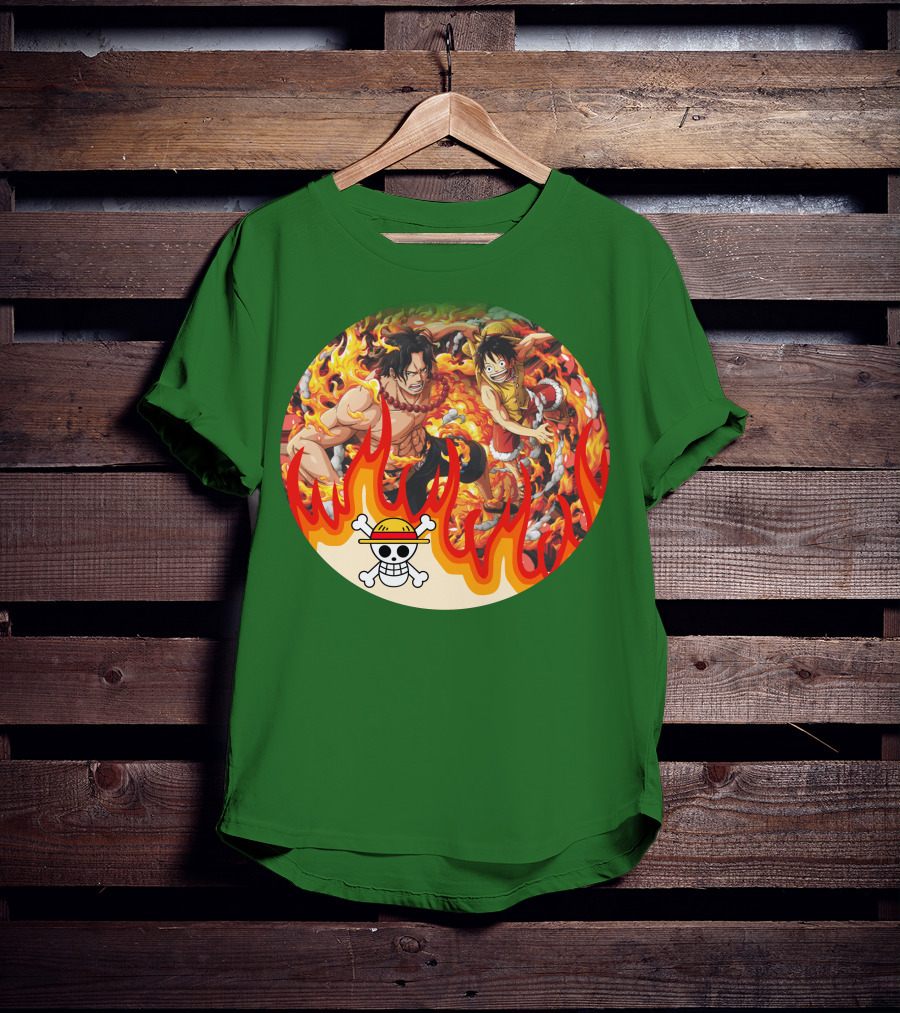 One Piece Luffy And Ace Fire Battle With Jolly Roger Hat T-Shirt