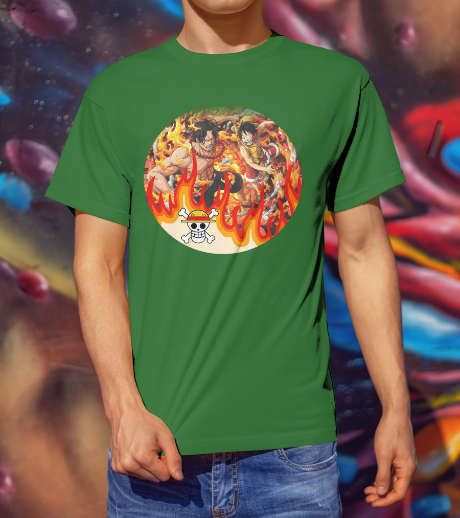 One Piece Luffy And Ace Fire Battle With Jolly Roger Hat T-Shirt