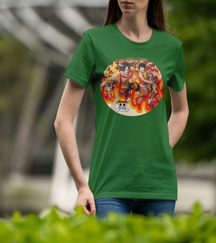 One Piece Luffy And Ace Fire Battle With Jolly Roger Hat T-Shirt