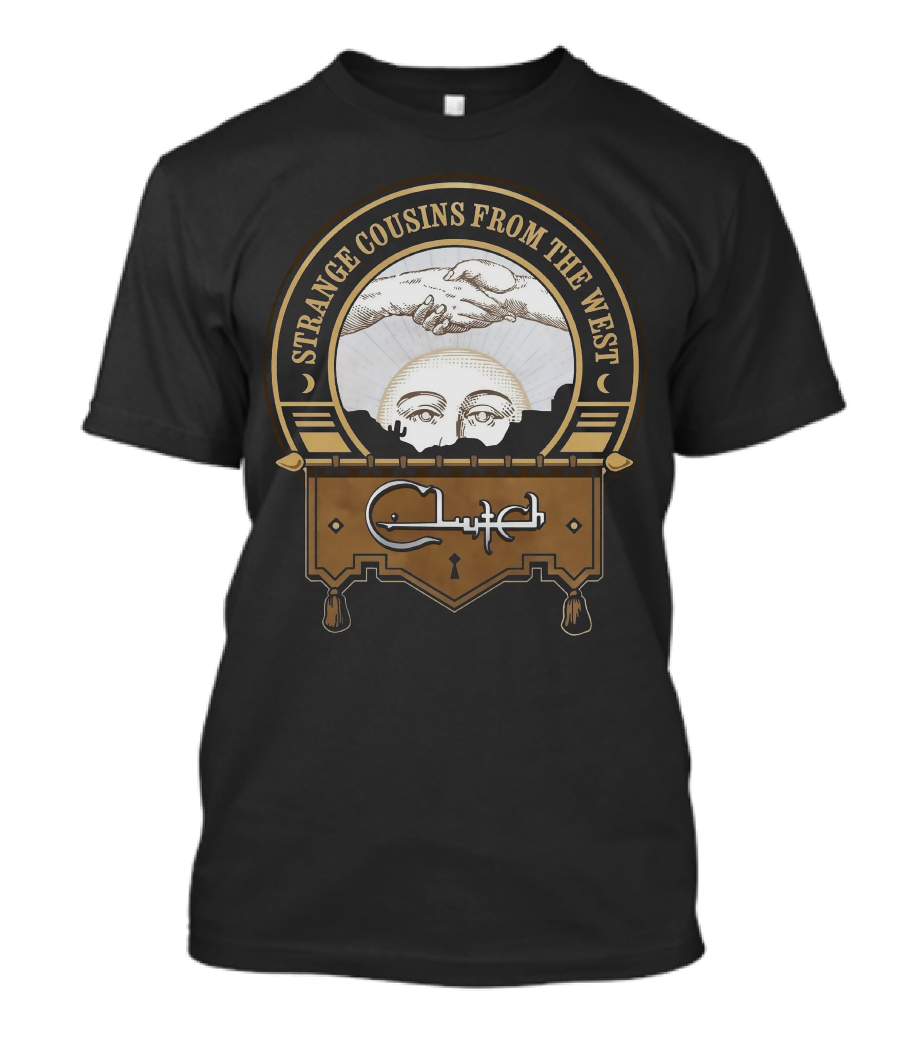 Strange Cousins From The West Clutch Album Art With Handshake And Sun Face T-Shirt