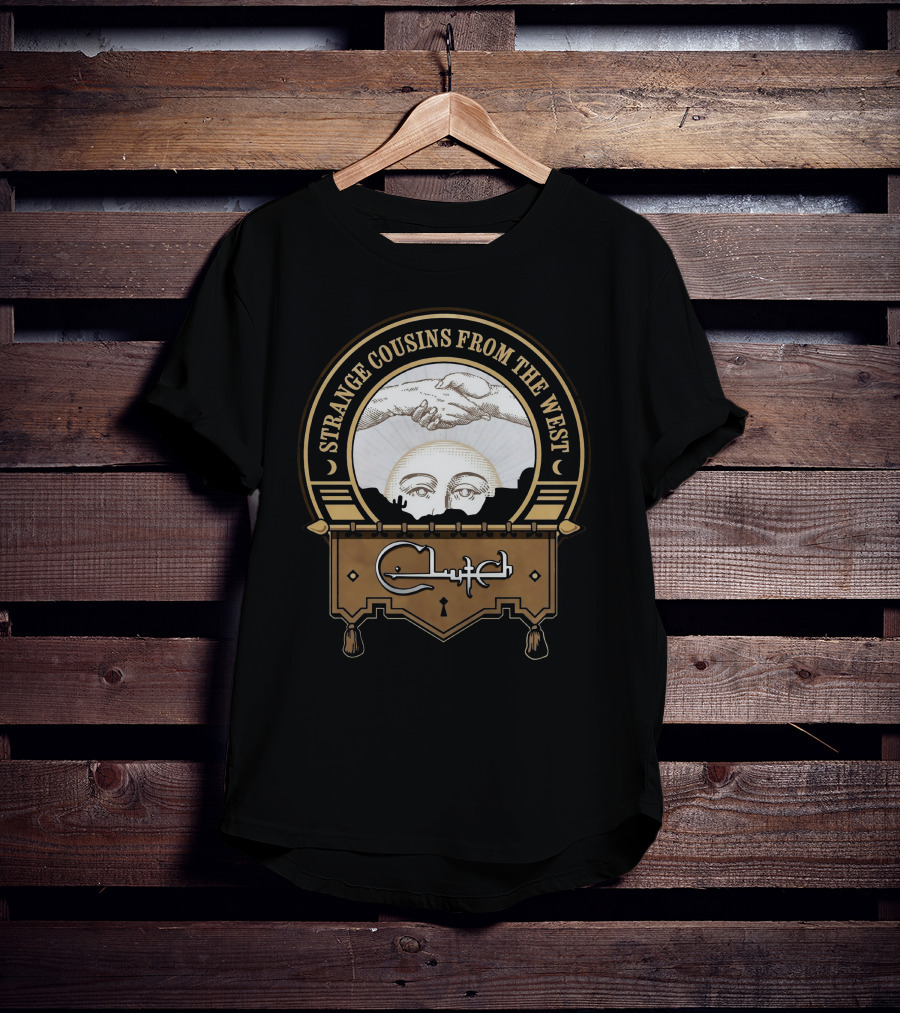 Strange Cousins From The West Clutch Album Art With Handshake And Sun Face T-Shirt