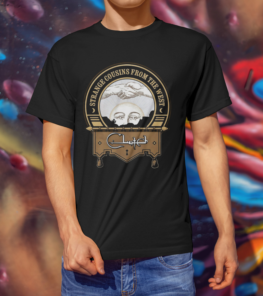 Strange Cousins From The West Clutch Album Art With Handshake And Sun Face T-Shirt