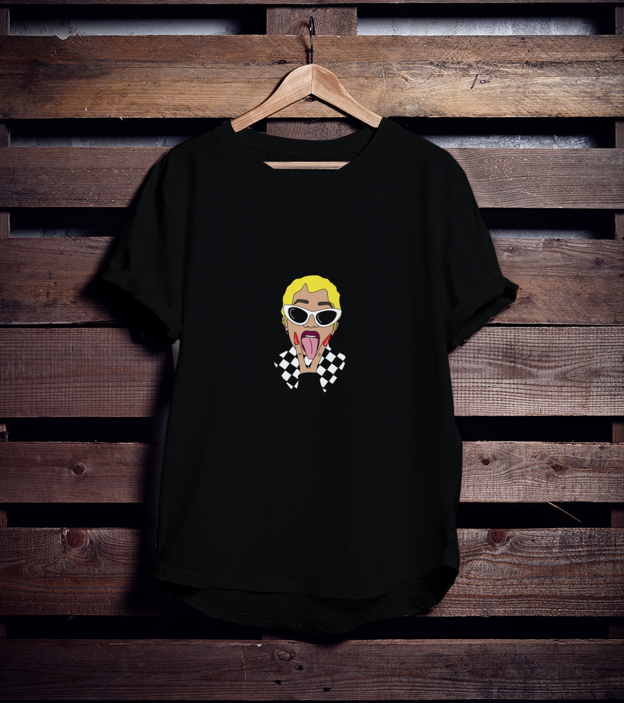 Cardi Yellow Hair Black White Checkered Outfit Sunglasses Tongue Out T-Shirt
