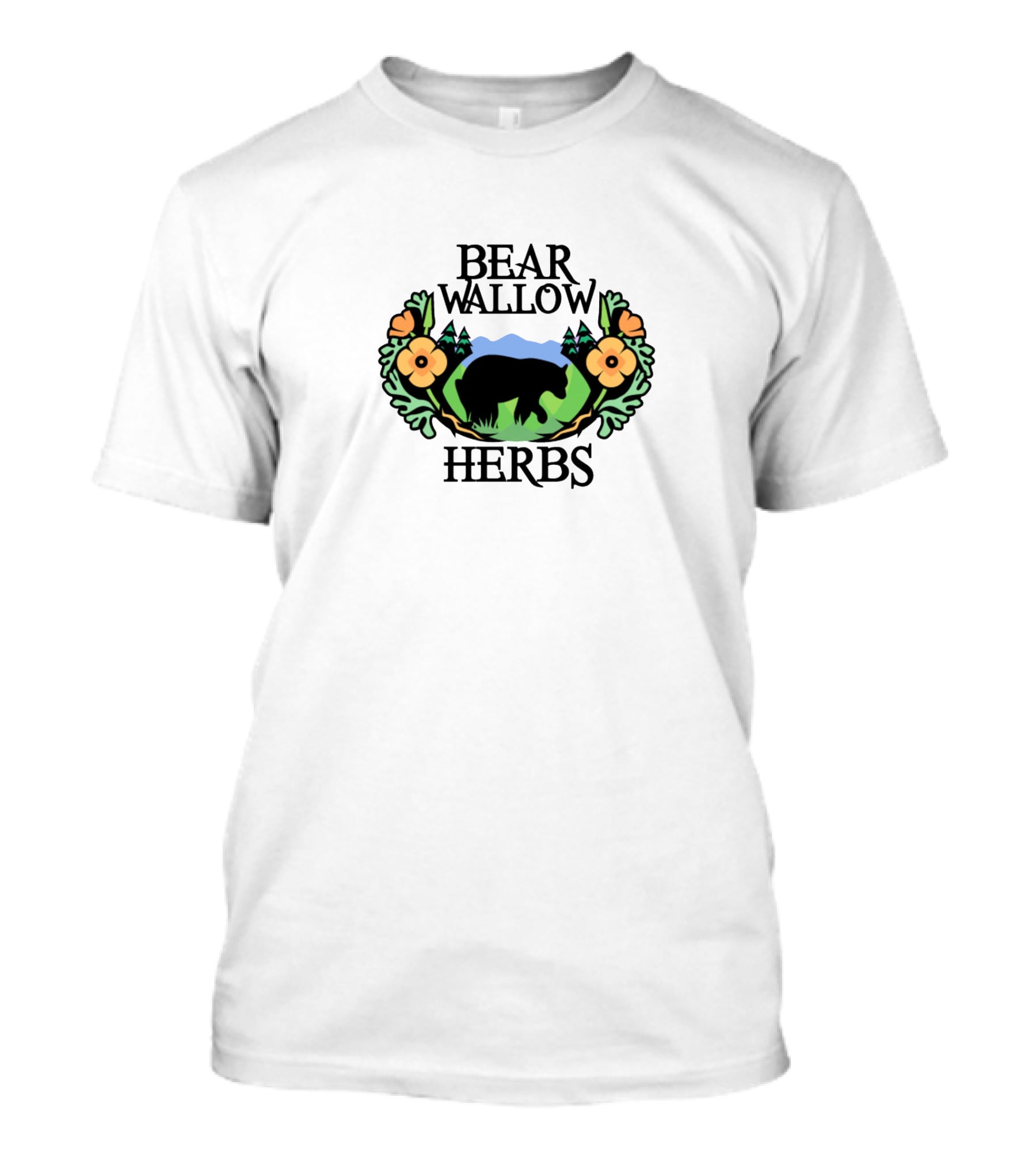 Bear Wallow Herbs Logo Bear Silhouette Mountains Flowers T-Shirt