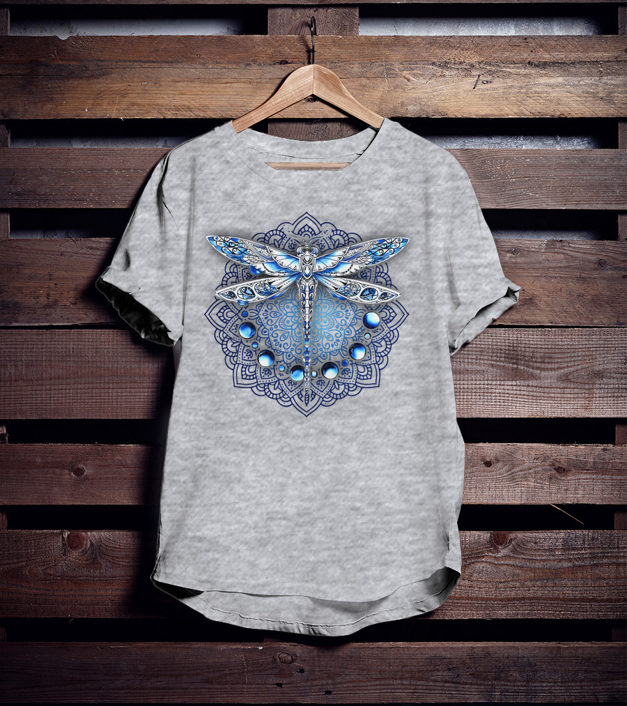 FLY GRADON Intricate Mandala Dragonfly Blue Gem Elements T-Shirt