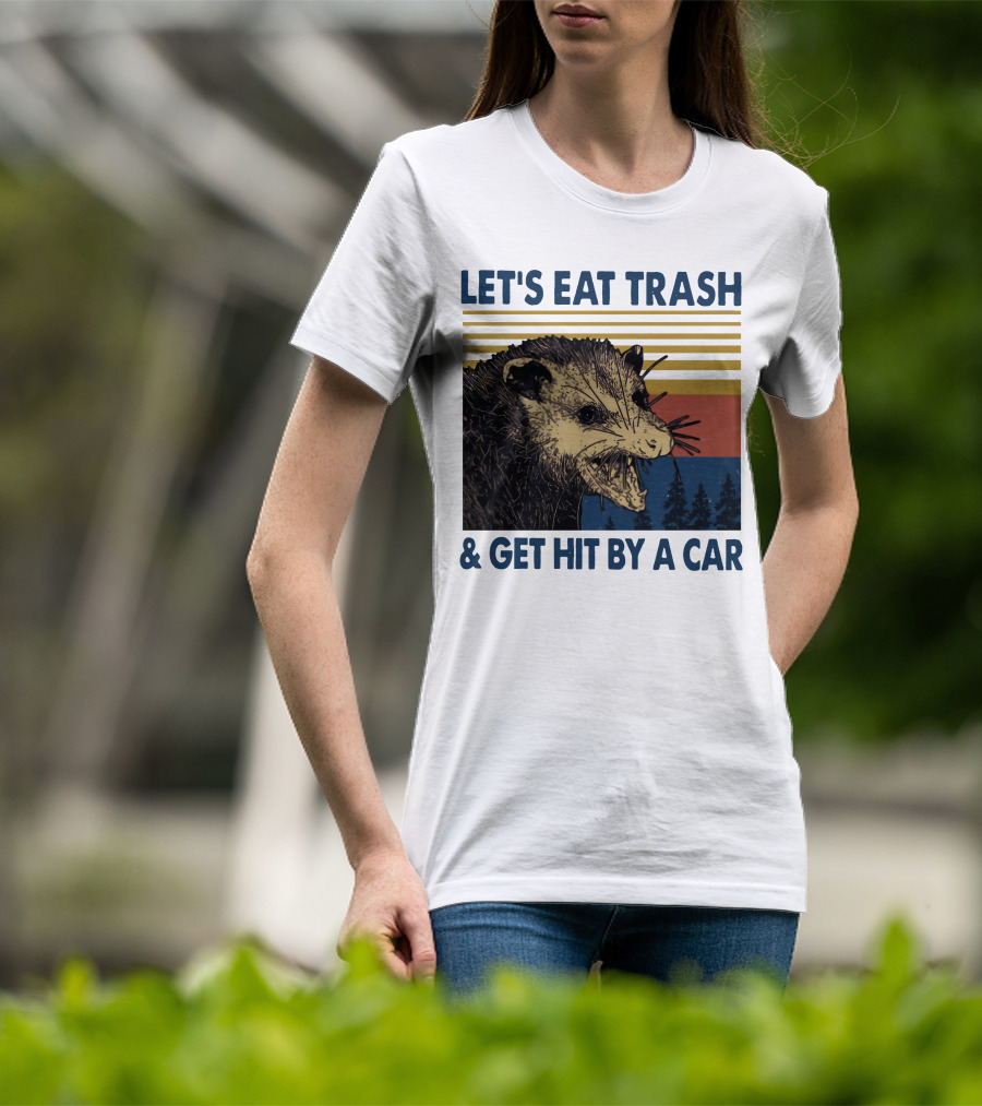 LET'S EAT TRASH And GET HIT BY A CAR Opossum Vintage Retro Stripe Forest T-Shirt