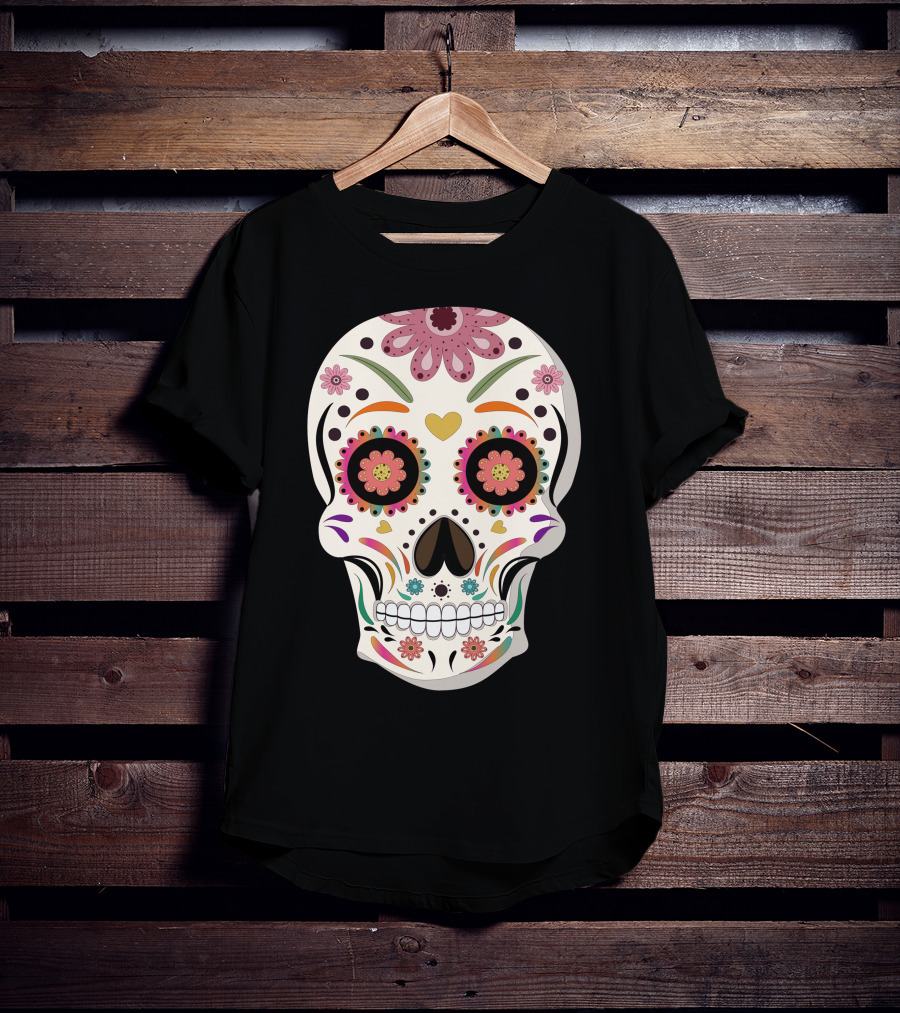 Day Of The Dead Bride Sugar Skull With Floral And Heart Motifs T-Shirt