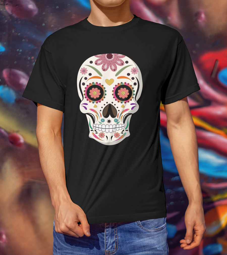 Day Of The Dead Bride Sugar Skull With Floral And Heart Motifs T-Shirt