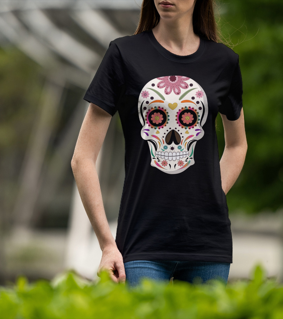 Day Of The Dead Bride Sugar Skull With Floral And Heart Motifs T-Shirt