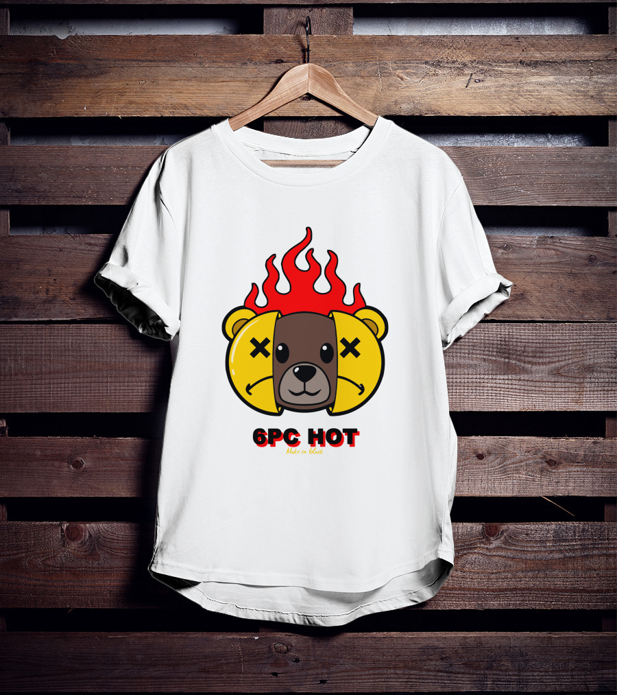 6pc Hot Make On Black Flame Bear T-Shirt