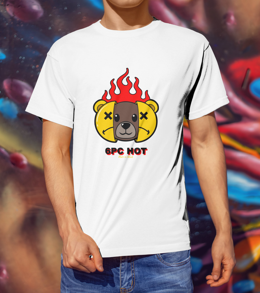 6pc Hot Make On Black Flame Bear T-Shirt