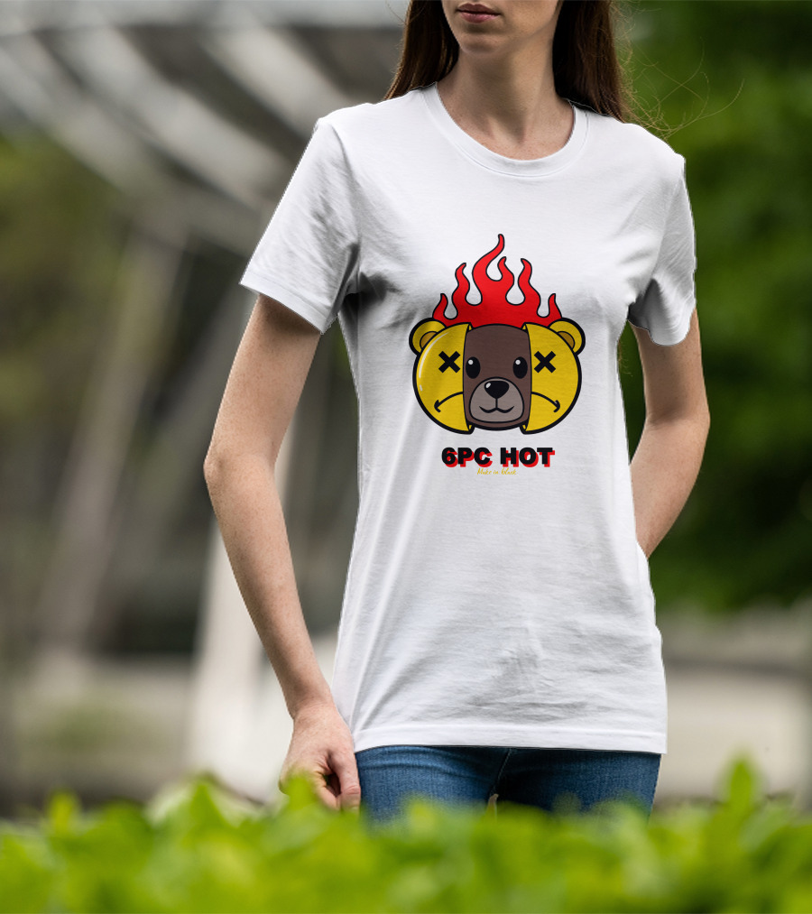 6pc Hot Make On Black Flame Bear T-Shirt