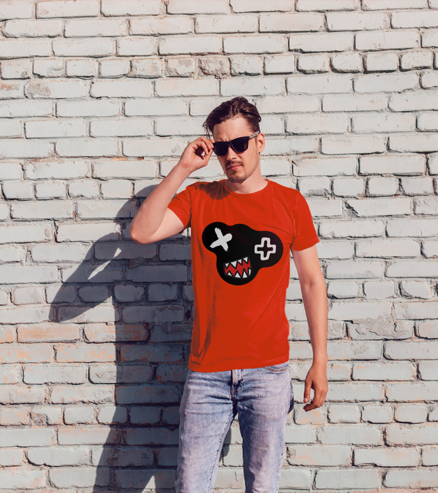Monstrosity X Plus Mark Teeth Icon On Black Blob Shape T-Shirt