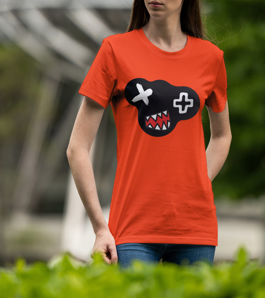 Monstrosity X Plus Mark Teeth Icon On Black Blob Shape T-Shirt