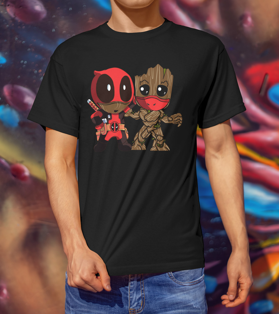 Deadpool And Baby Groot Mashup Comic Characters T-Shirt
