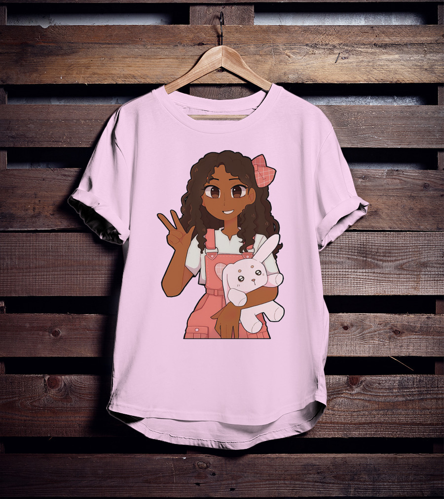 Akeila Merch Anime Style Character With Pink Overalls And Stuffed Bunny T-Shirt