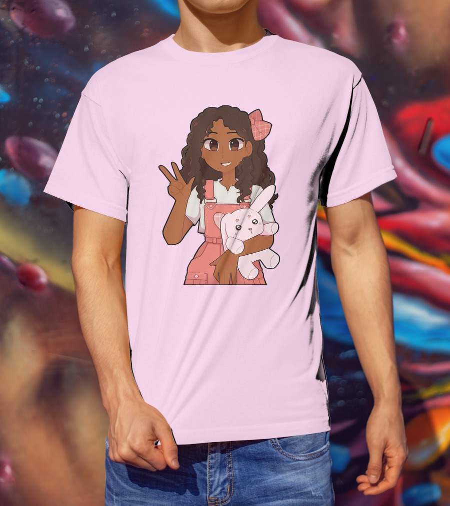 Akeila Merch Anime Style Character With Pink Overalls And Stuffed Bunny T-Shirt