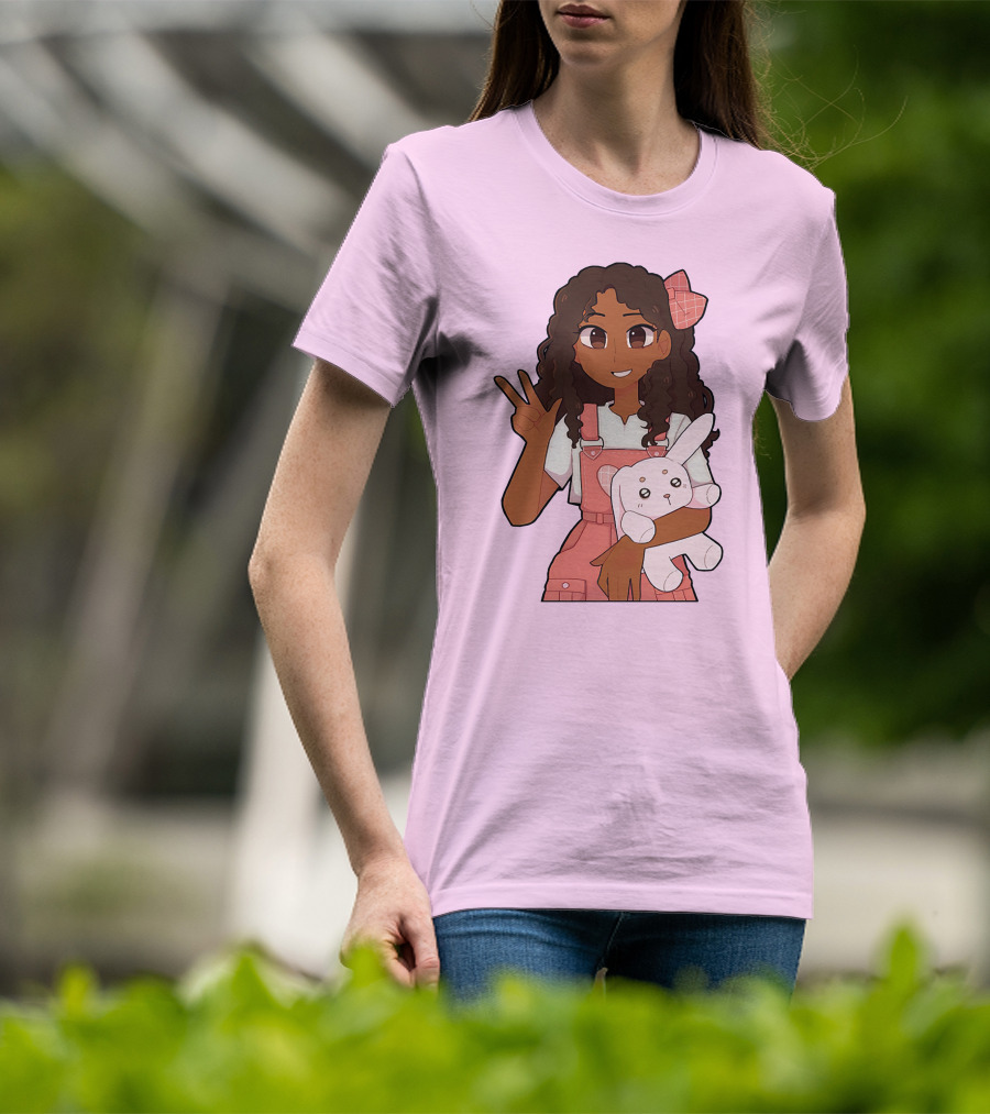 Akeila Merch Anime Style Character With Pink Overalls And Stuffed Bunny T-Shirt
