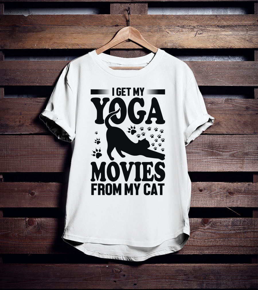 I Get My Yoga Moves And Inspiration From My Cat With Paw Prints And Stretching Cat T-Shirt