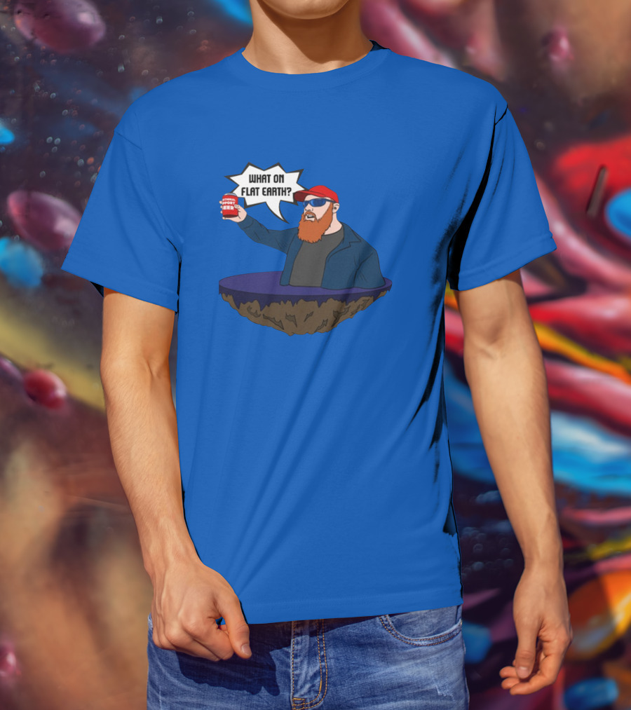 Brent Terhune What On Flat Earth Comedy Satire Floating Island Red Hat Beard Sunglasses Blue Jacket Can T-Shirt