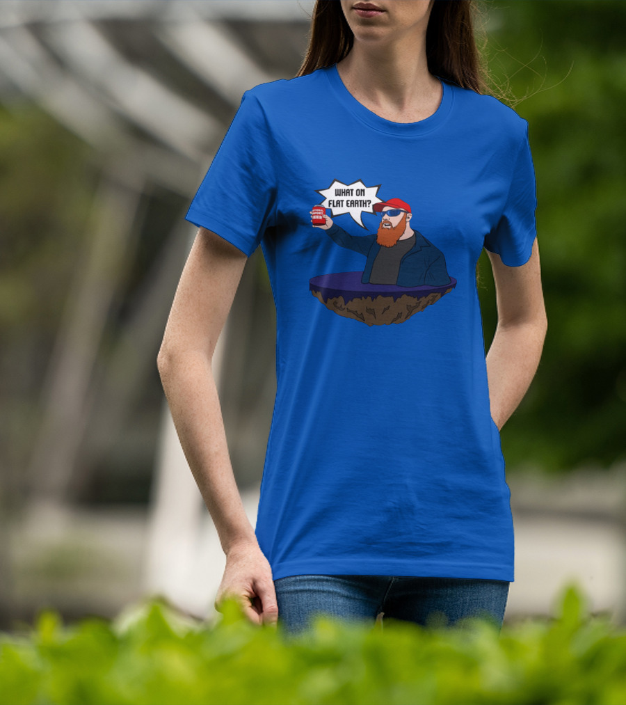 Brent Terhune What On Flat Earth Comedy Satire Floating Island Red Hat Beard Sunglasses Blue Jacket Can T-Shirt