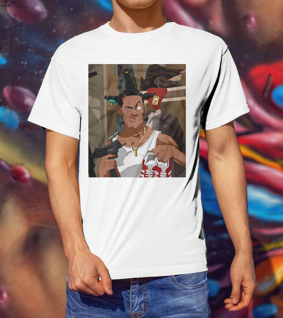 Loc Dog Mens Society Parody Character Holding Sneakers And Gun T-Shirt