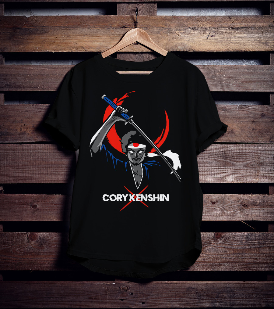 CoryxKenshin Samurai With Sword In Blue Kimono And Red Crescent Background T-Shirt