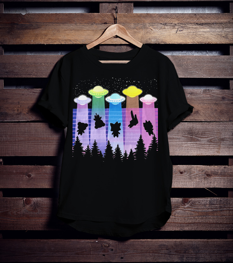 Krewdistrict Flying Saucers Alien Abduction Cartoon Silhouettes Forest Scene T-Shirt