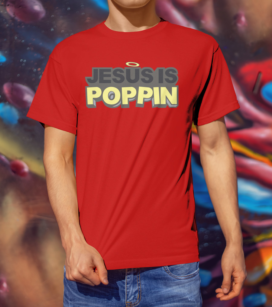 JESUS IS POPPIN Angel Halo Icon On Red T-Shirt