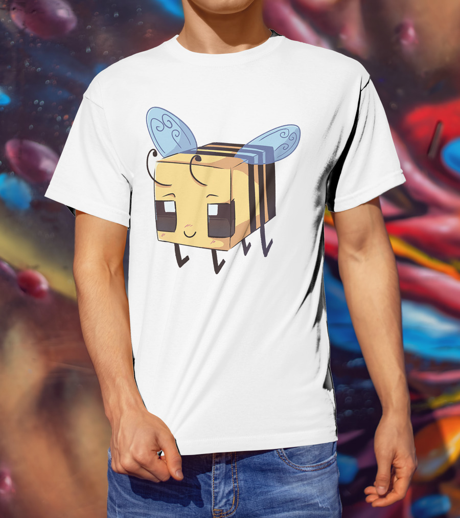 Punz Merch Cute Blocky Bee Character With Whimsical Blue Wings T-Shirt