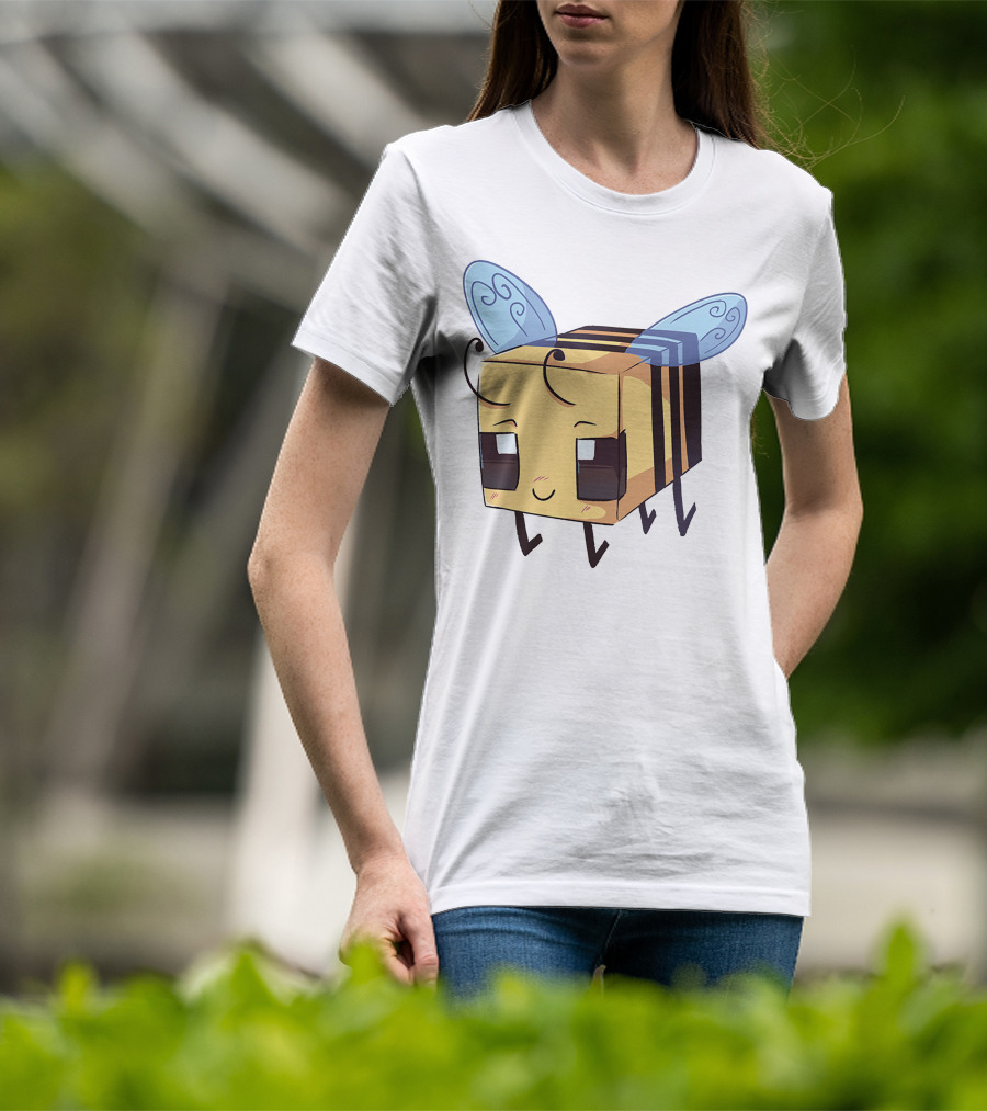 Punz Merch Cute Blocky Bee Character With Whimsical Blue Wings T-Shirt