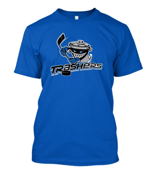 Danbury Trashers Blue Logo Hockey Trash Can Mascot T-Shirt