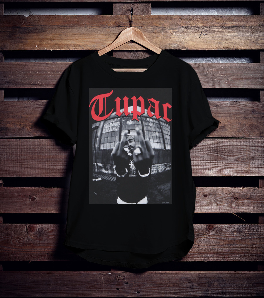 Tupac Front View Gesture Red Gothic Text T-Shirt