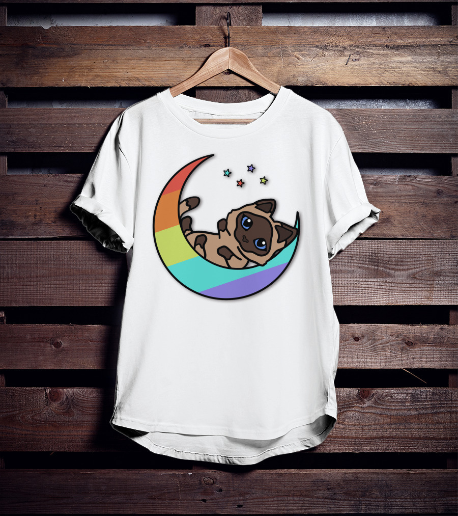 Antfrost Cat On Rainbow Crescent With Stars T-Shirt