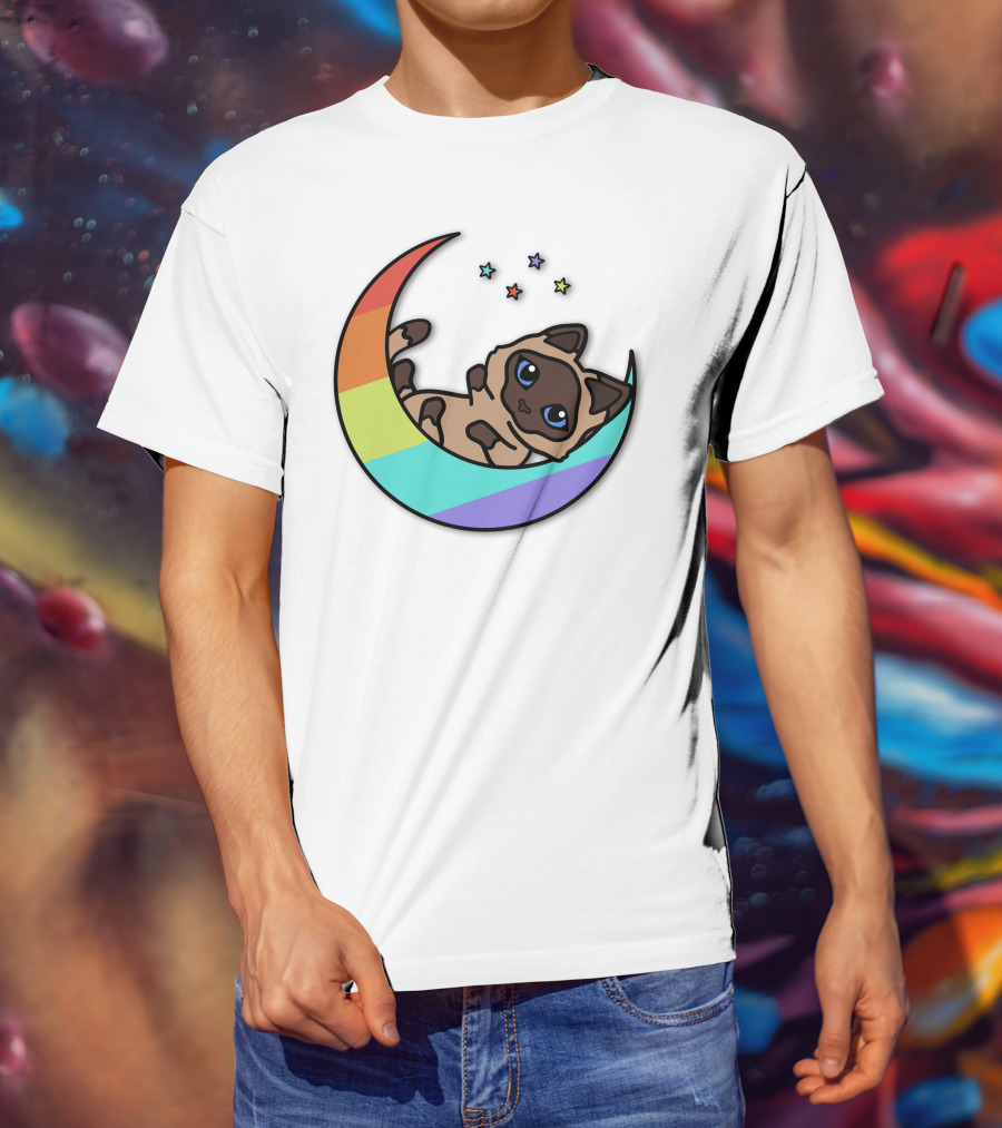 Antfrost Cat On Rainbow Crescent With Stars T-Shirt