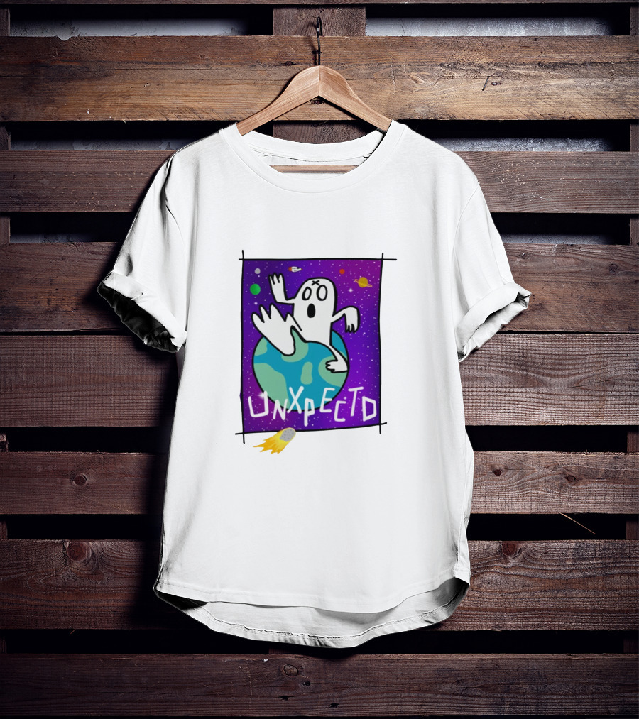 Unxpectd Ghost Mascot Floating In Outer Space With Planets And Asteroids T-Shirt