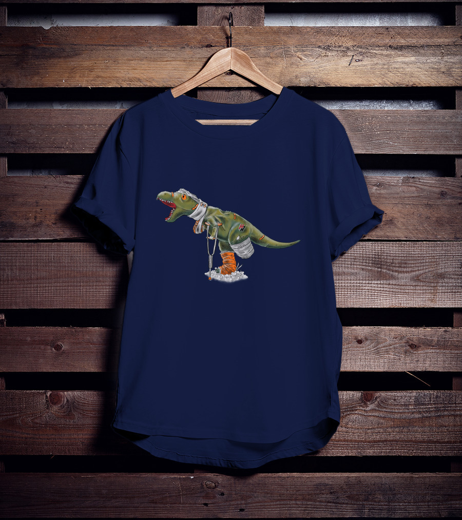 Rexy Injured Hero Dinosaur With Bandages And Crutches T-Shirt