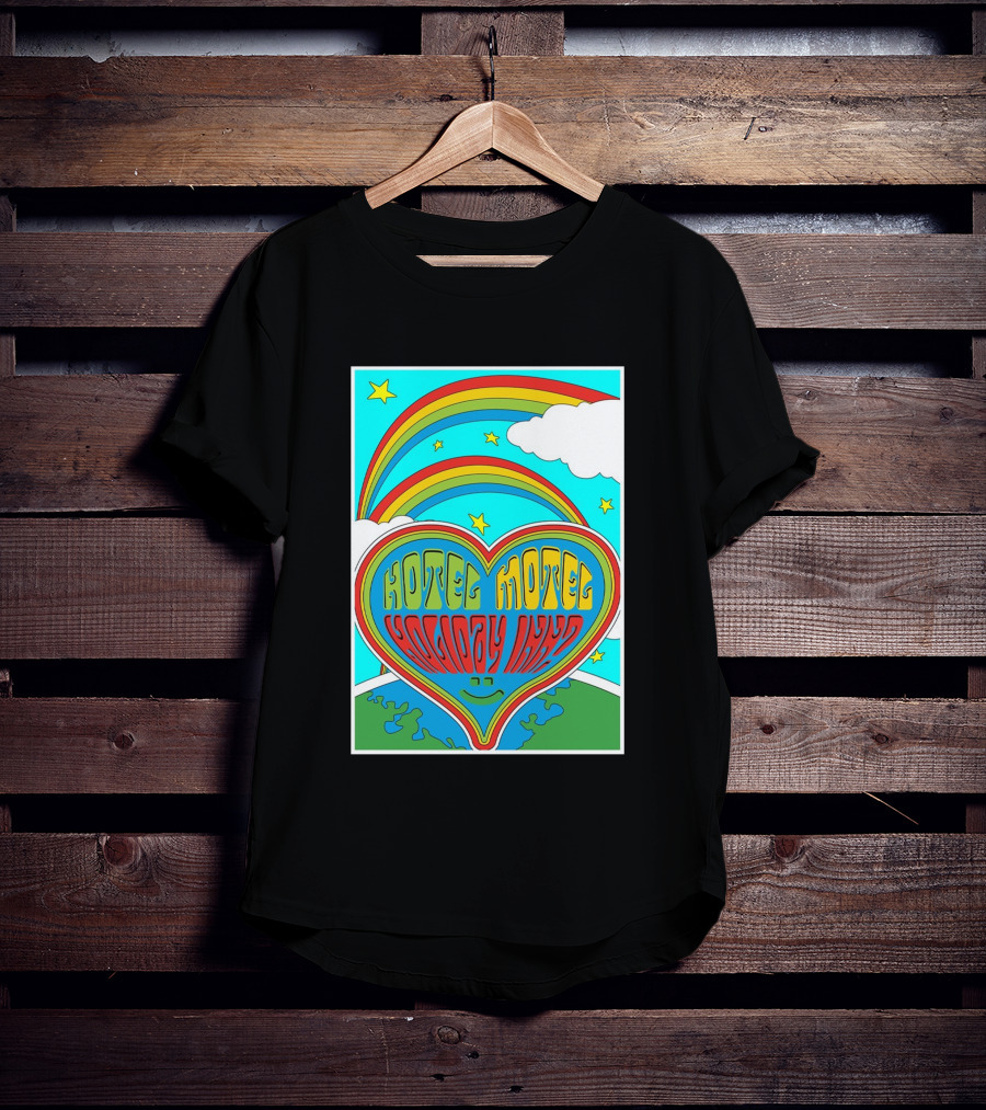 Sarahbaska Hotel Motel Holiday 1973 Rainbow Earth Heart T-Shirt