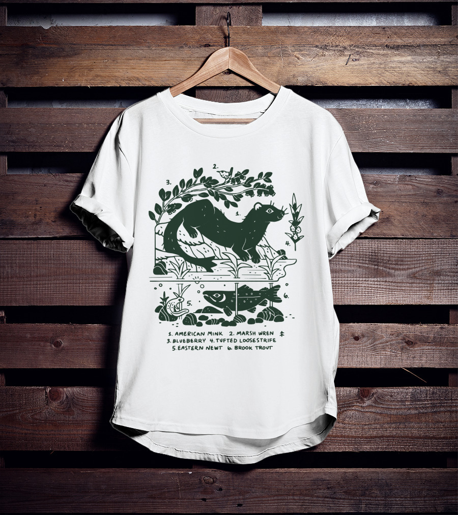 Camp Mustelid Merch Taxonomy American Mink Marsh Wren Blueberry Tufted Loosestrife Eastern Newt Brook Trout T-Shirt