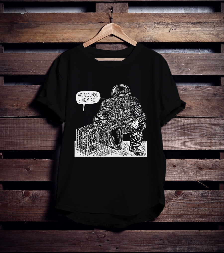 We Are Not Enemies Eli Valley Police Figure Kneeling With Cage T-Shirt