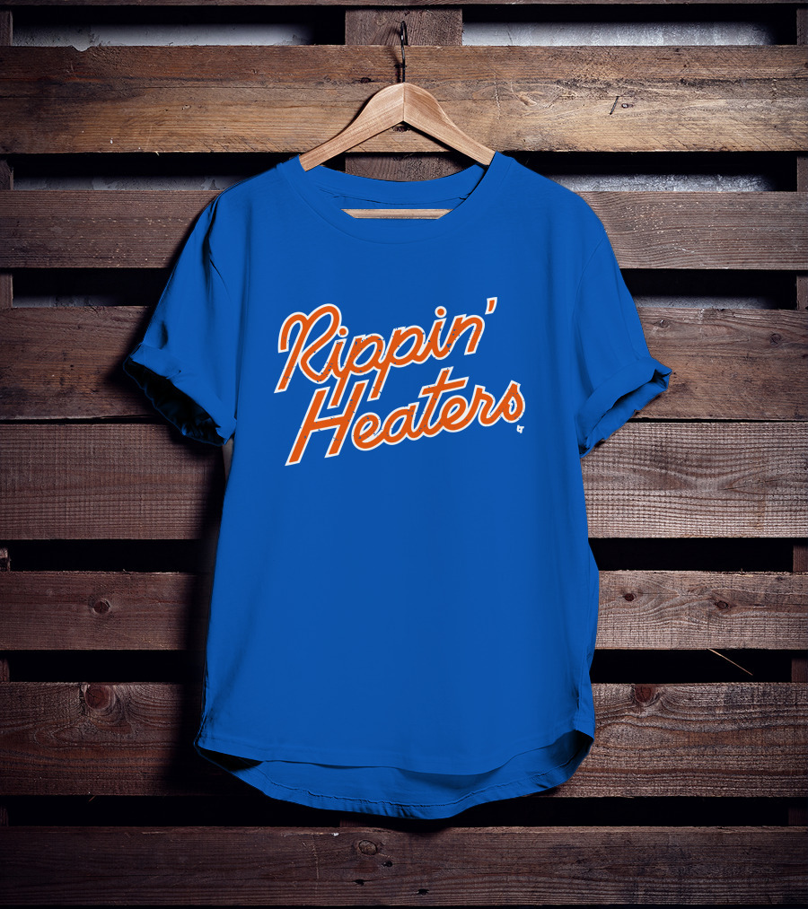 Rippin' Heaters Bold Script White And Orange Retro Style On Blue T-Shirt