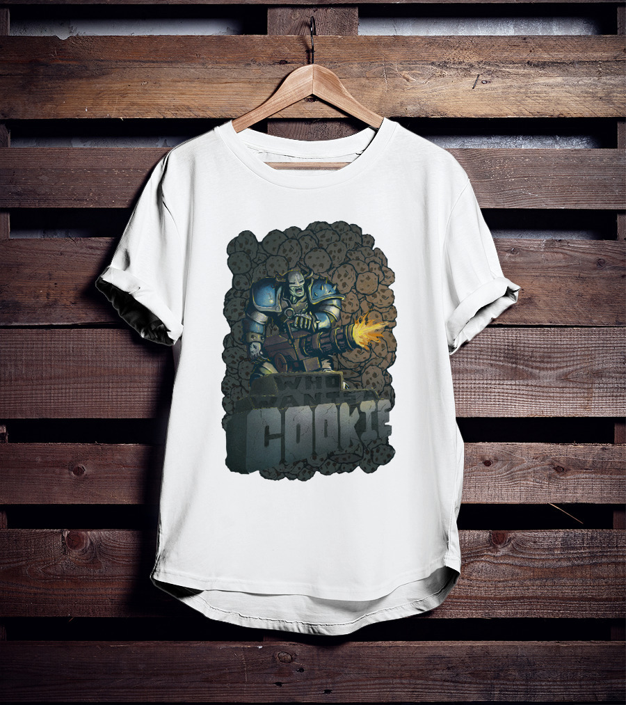 Oxhorn Who Wants A Cookie With Armored Figure And Gun Surrounded By Cookies T-Shirt