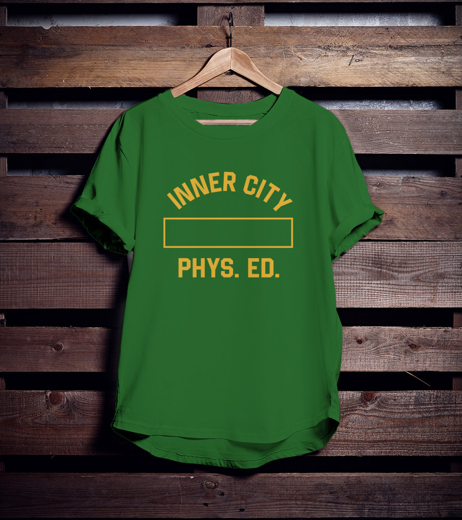 Inner City Phys Ed Green Yellow Block Letters T-Shirt