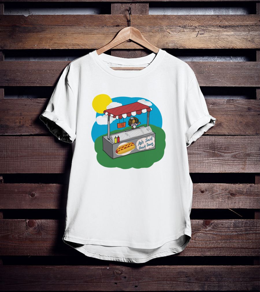 Ash Said Hawt Dawg Stand With Hot Dog And Condiments Under Red Canopy In Cartoon T-Shirt