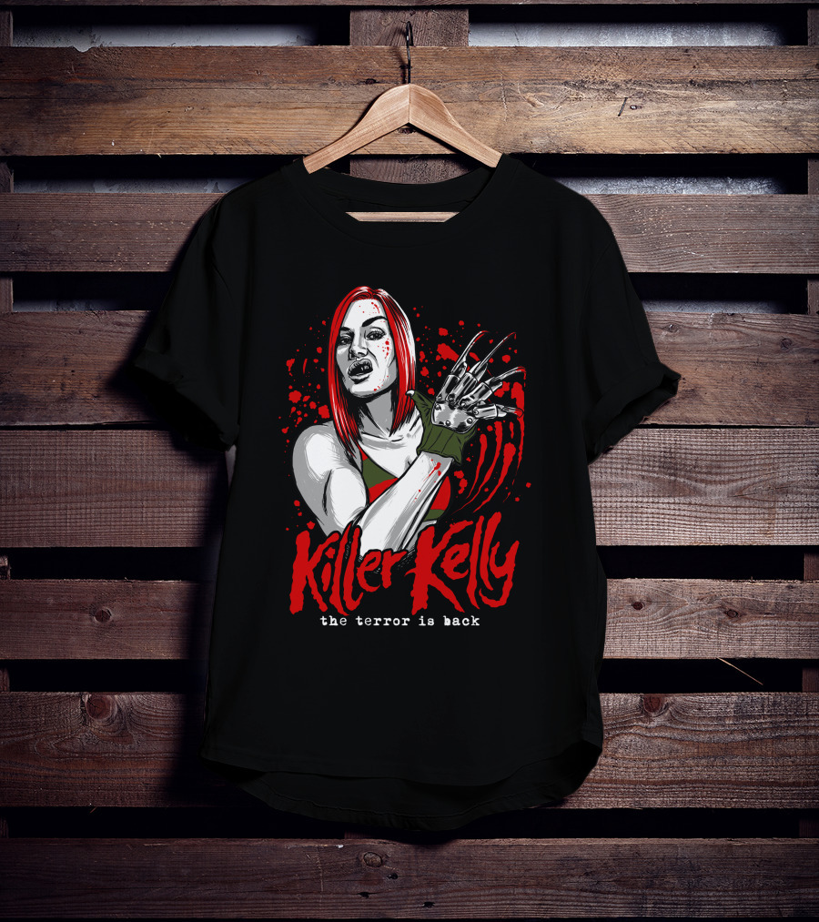 Killer Kelly The Terror Is Back Freddy Krueger Inspired Character Blood Splatter T-Shirt